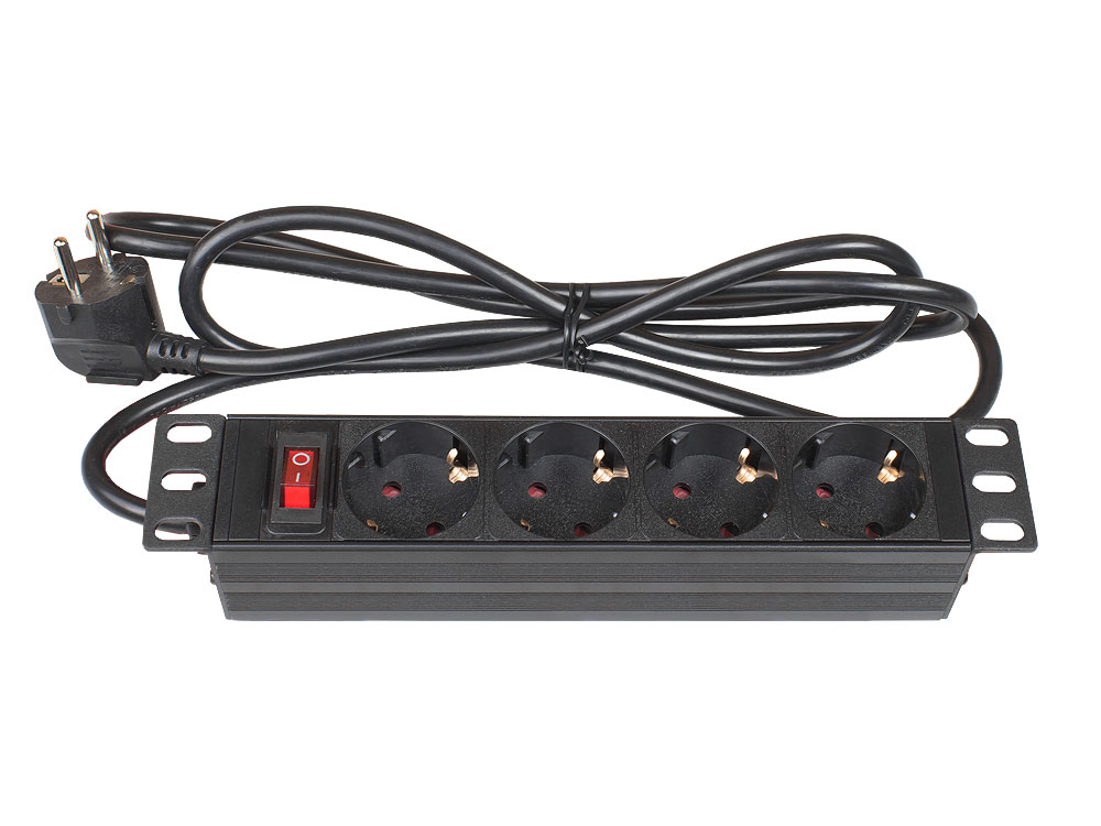 10" PDU Steckdosenleiste, 1HE, Schutzkontakt-Stecker an 4x Schutzkontakt-Buchse, Schalter, Aluminiumprofil, schwarz, Good Connections®