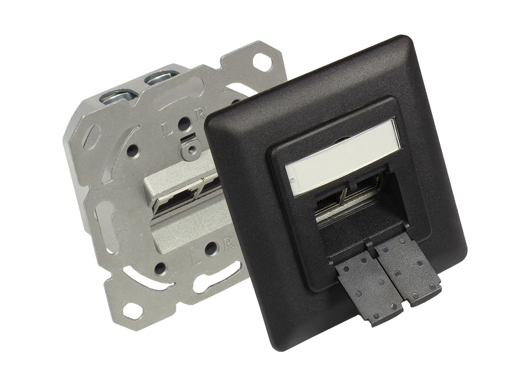 Netzwerkdose Cat. 6A, 2xRJ45, geschirmt, Unterputzdose, inkl. Zentralstück und Abdeckrahmen, tiefschwarz (matt) RAL9005, Good Connections