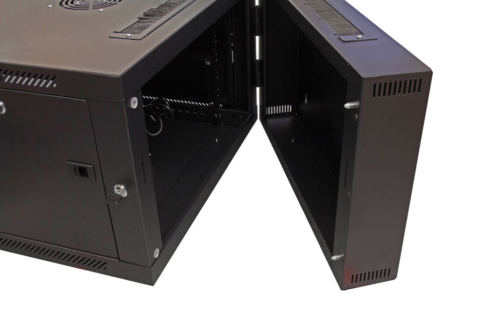 19" Wandgehäuse, 9HE, tiefschwarz (RAL9005) Rückseite schwenkbar, 600x550 mm, fertig montiert, mit Lüfter, Good Connections®