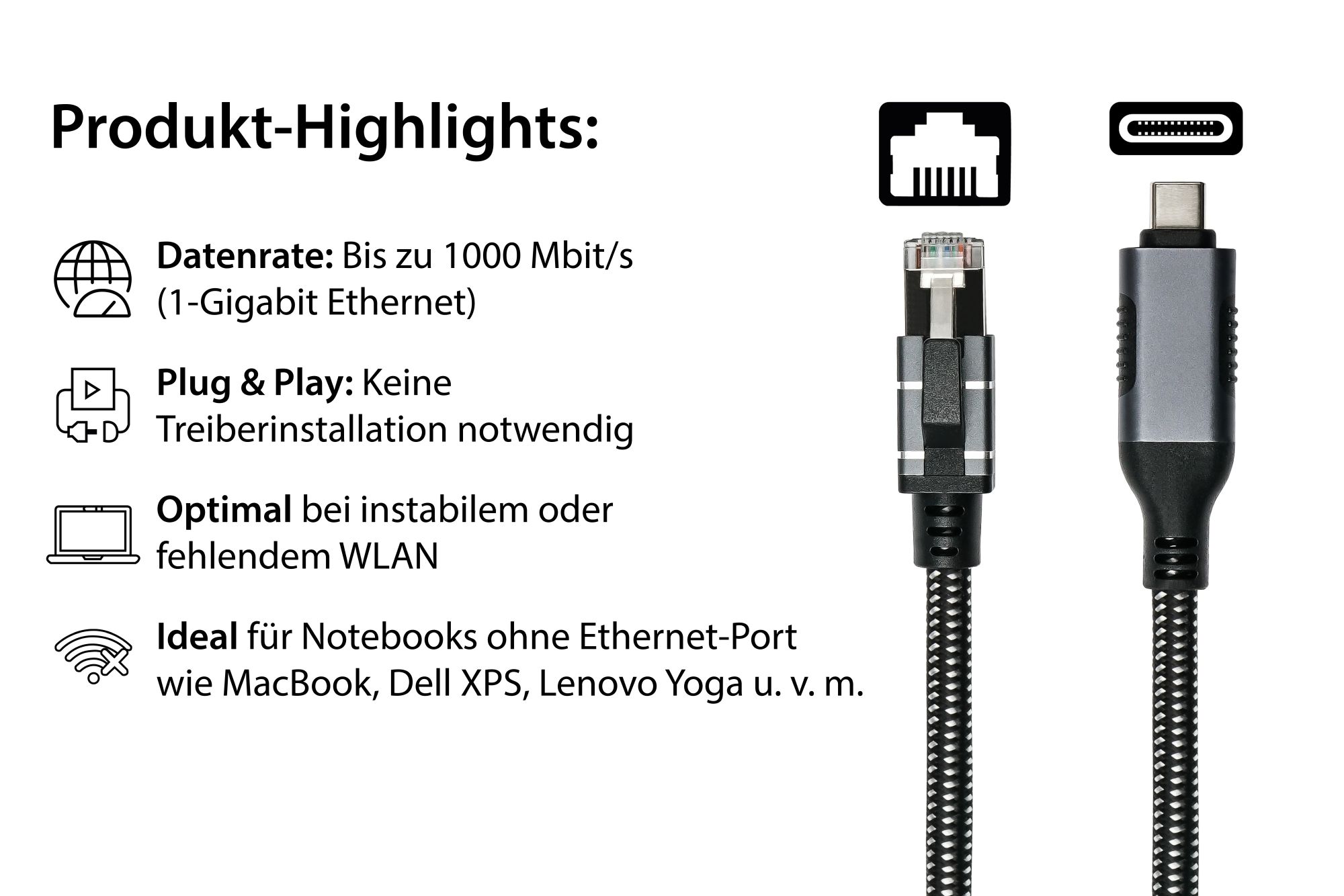 Ethernet-Kabel USB-C™ Stecker an RJ45 Stecker, Textilmantel, anthrazit, 10m, Good Connections®