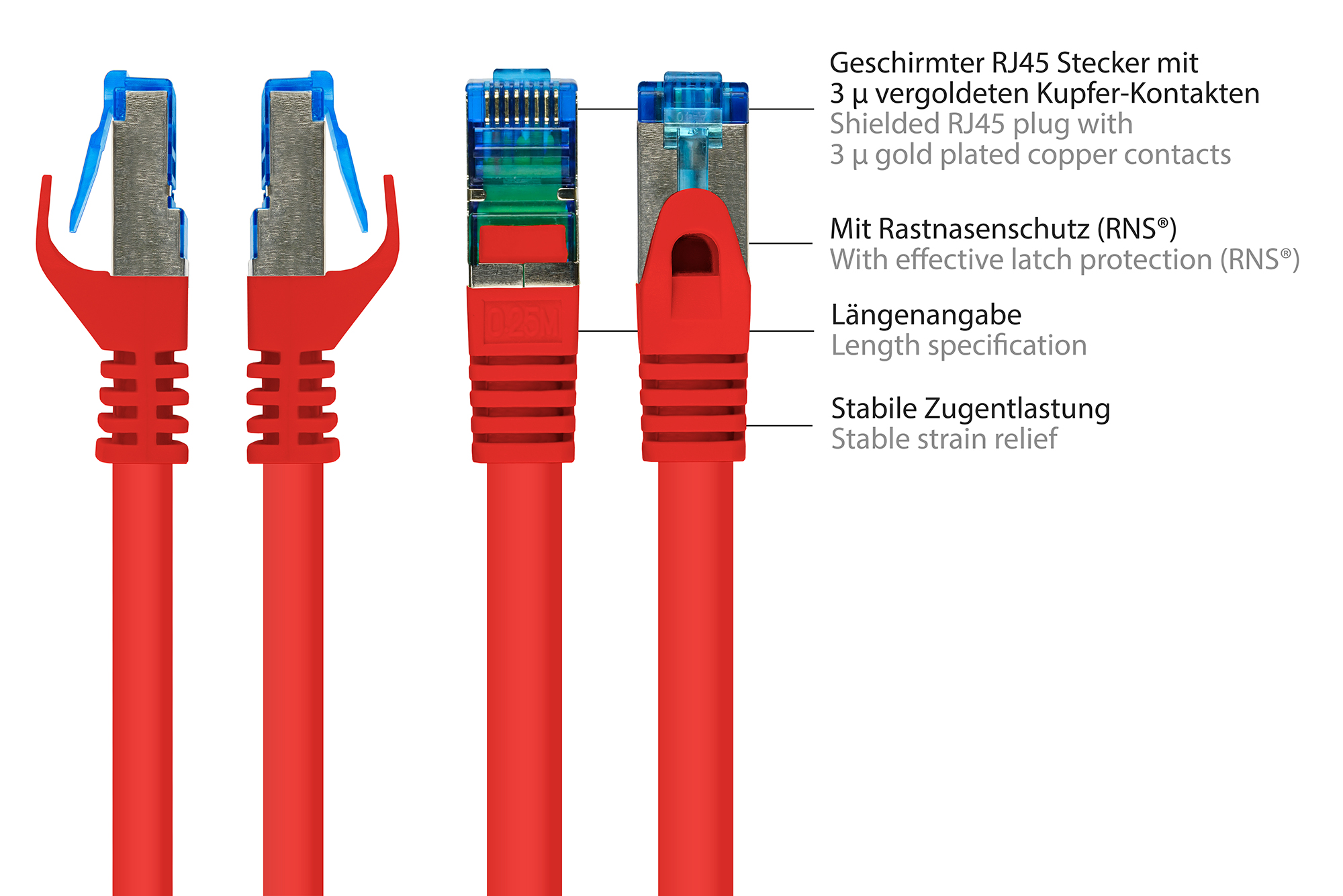 RNS® Patchkabel mit Rastnasenschutz, Cat. 6A, S/FTP, PiMF, halogenfrei, 500MHz, rot, 15m, Good Connections®