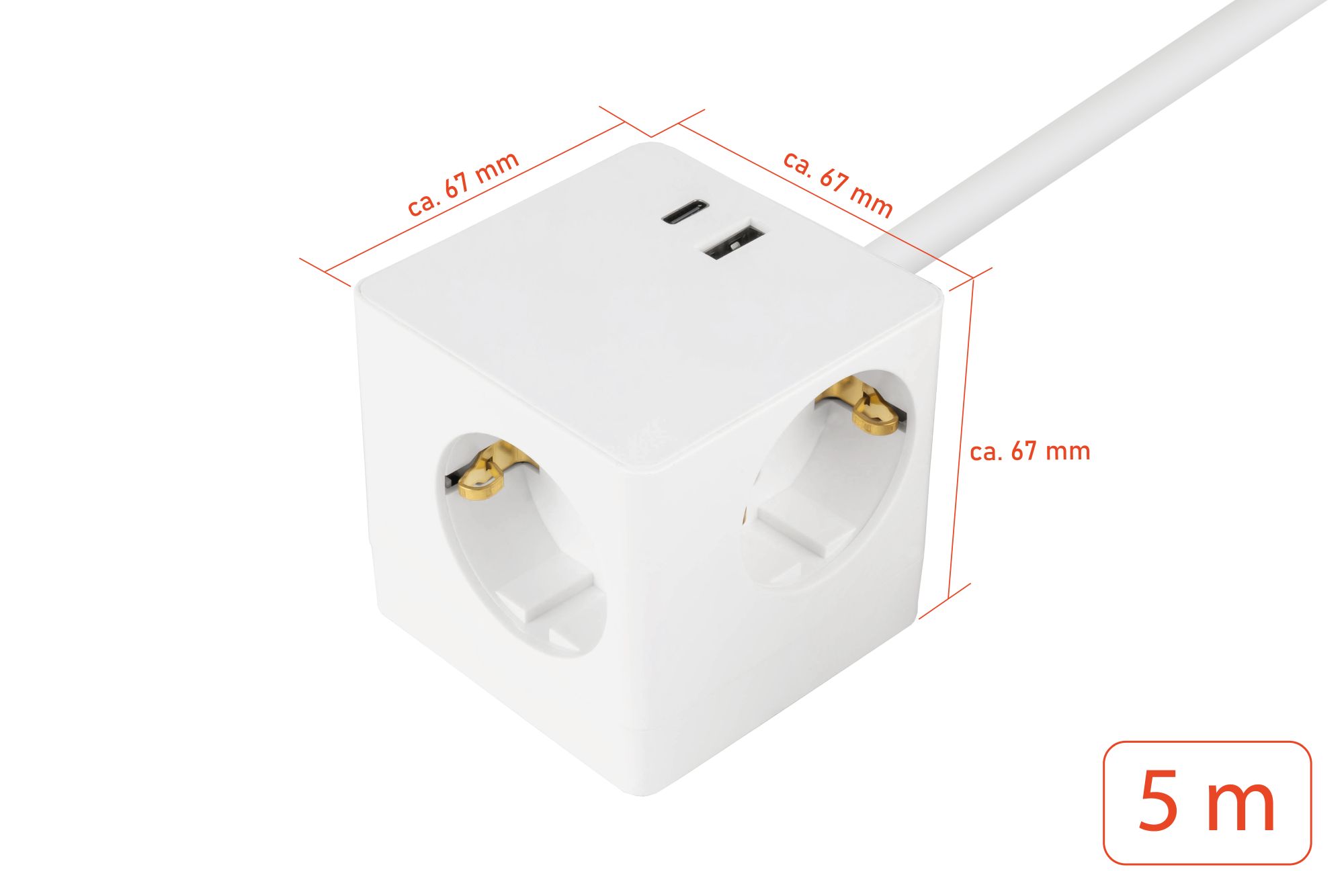 kabelmeister® Steckdosenwürfel mit 5m Zuleitung, 3x Schutzkontakt-Buchse, USB-C™ (20W, PD 3.0) und USB-A Buchse (18W), weiß