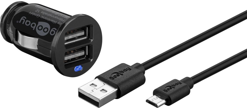KFZ USB-Ladeadapter, 2-Port, 2,1 A, inkl. Anschlusskabel USB Micro B an USB A Stecker, schwarz, 1m