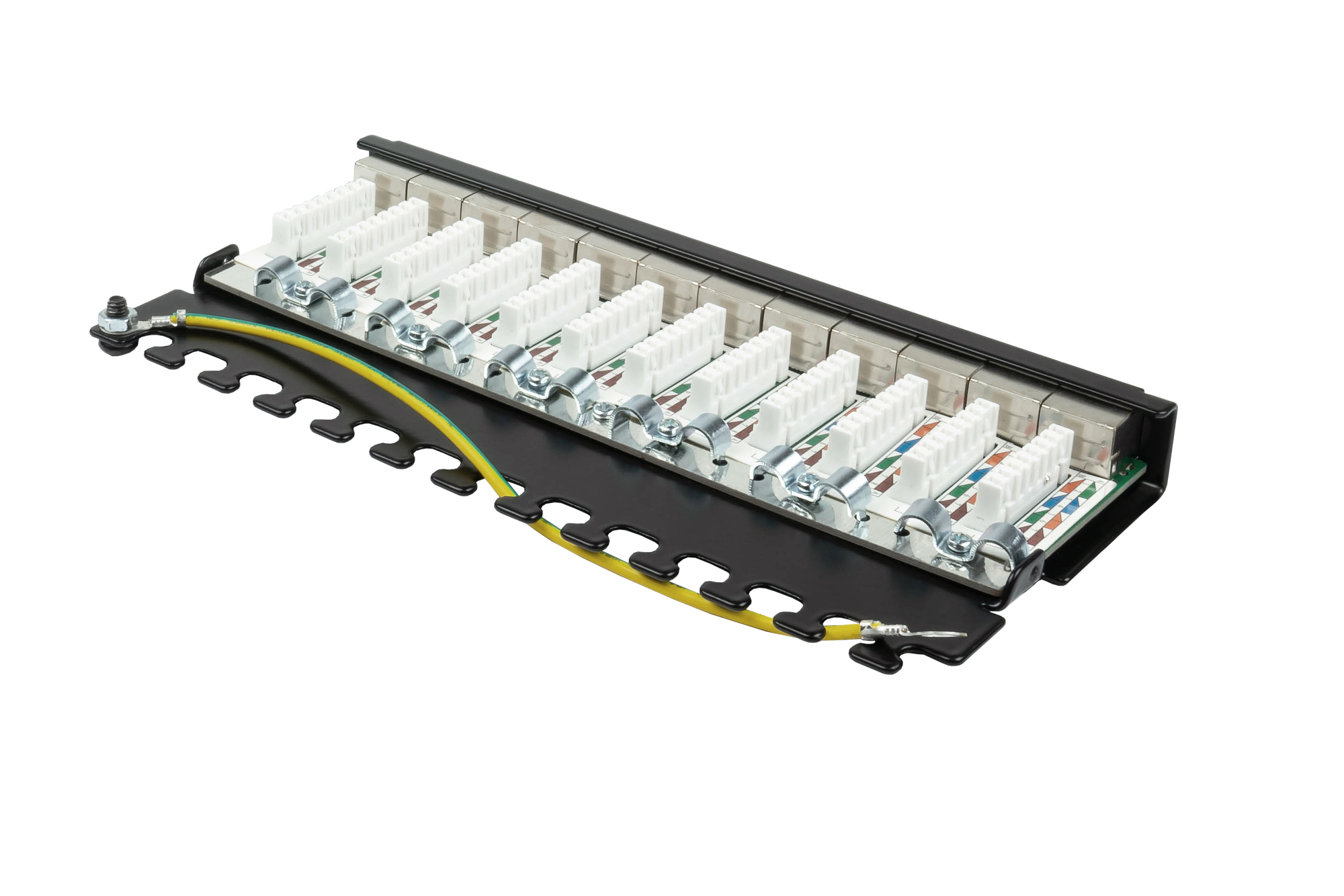 Patchpanel Desktop Cat. 6A, 12-Port, 0,5 HE, STP geschirmt, werkzeugloses Öffnen, Tiefschwarz (RAL9005), Good Connections®
