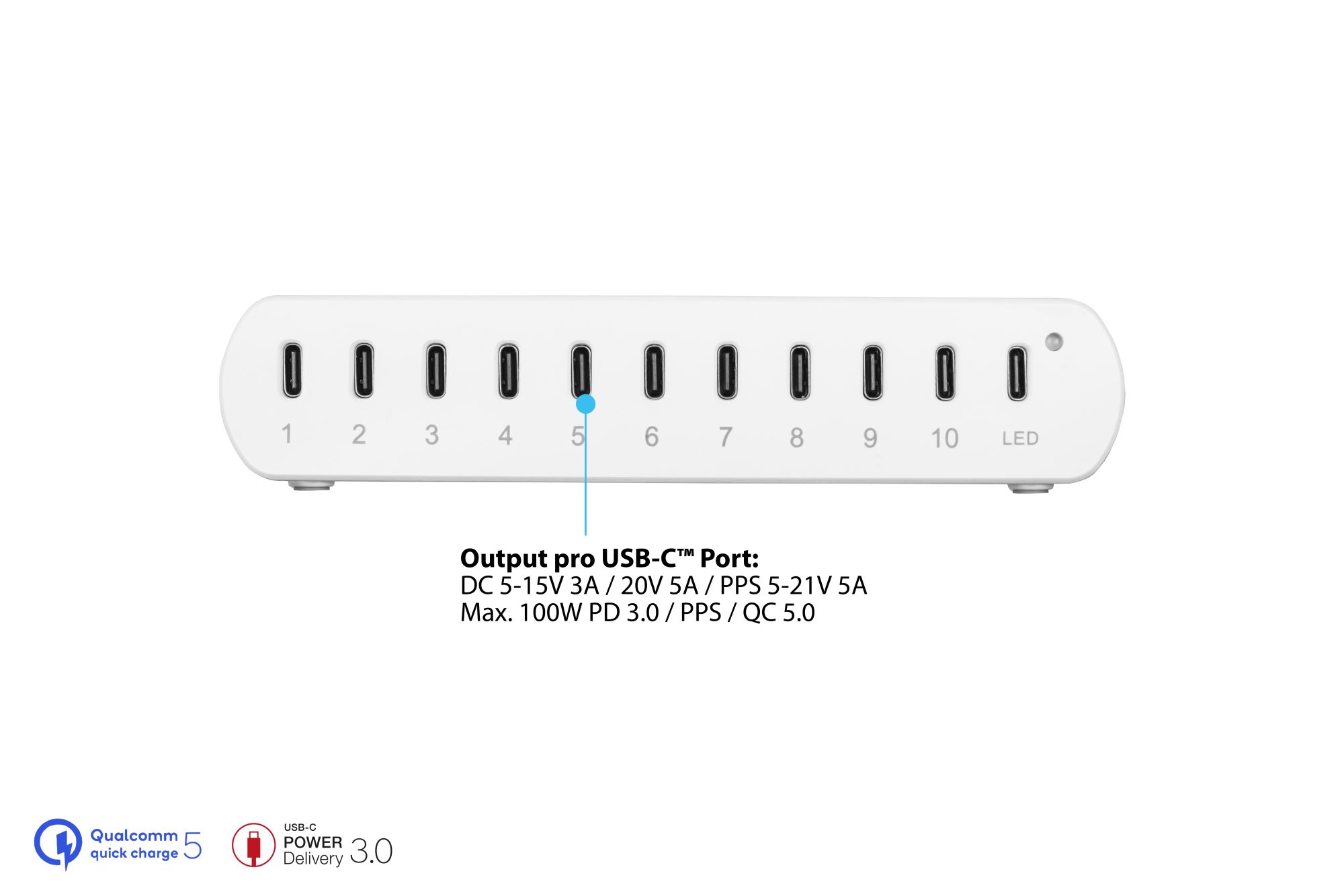 USB-Desktop-Schnellladestation 250W, 10-Port (10x USB-C™), PD 3.0, PPS, QC 5, weiß, Good Connections®