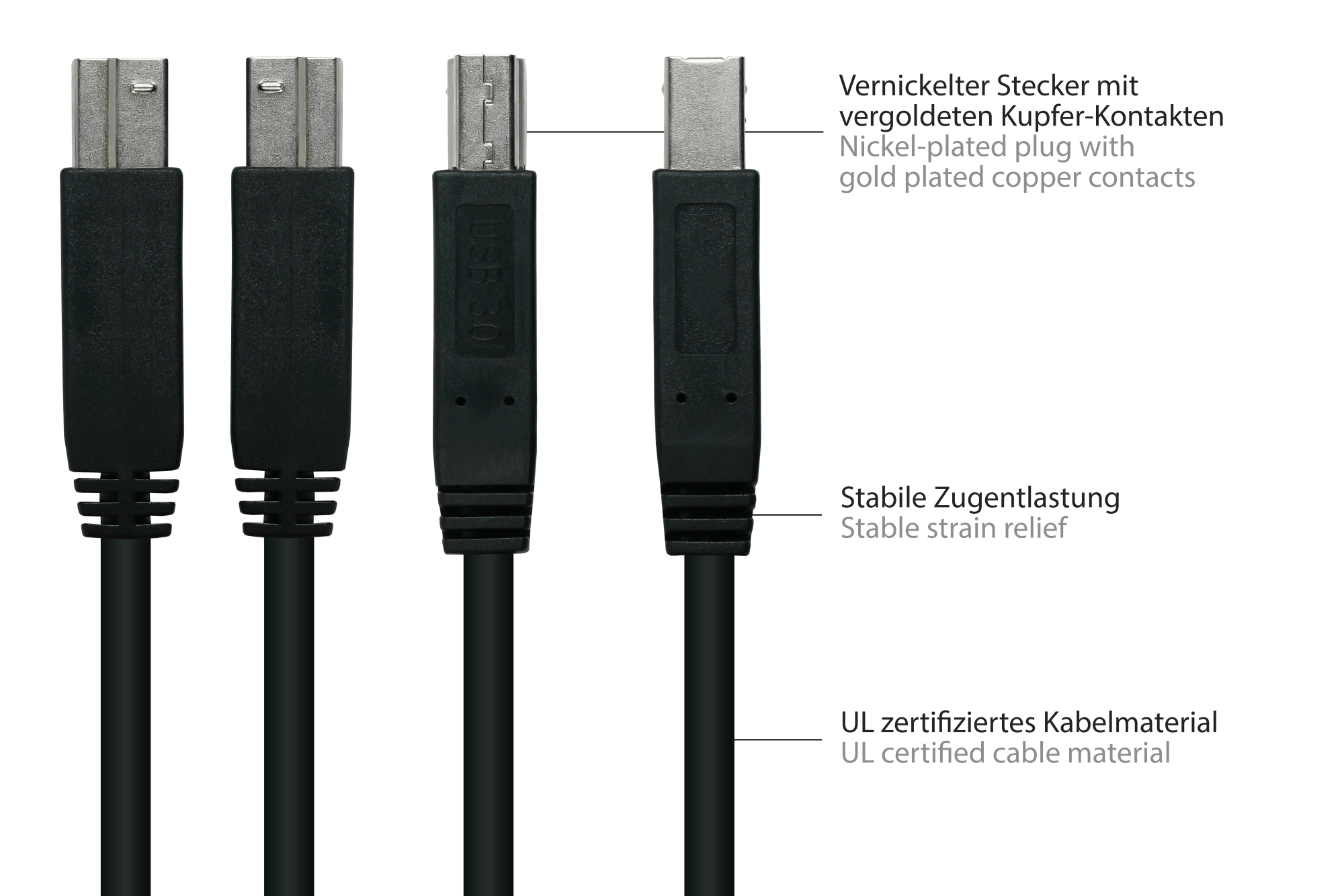 kabelmeister® Anschlusskabel USB 3.0 Stecker A an Stecker B, Premium, DATA AWG28 / Power AWG24, UL, KUPFER, schwarz, 0,5m