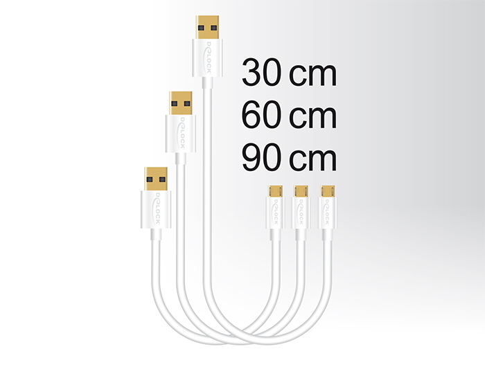 Daten- und Schnellladekabel USB 2.0 Typ-A Stecker an USB 2.0 Typ Micro-B Stecker, weiß, 3er Set (0,3m + 0,6m + 0,9m, Delock® [83679]