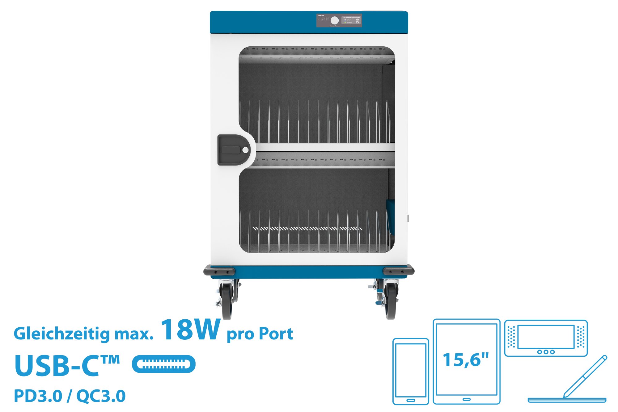 Good Connections® GEMMA T32C Ladewagen für 32 Geräte, USB-C™, 18W pro Port, PD 3.0, QC 3.0, weiß/blau