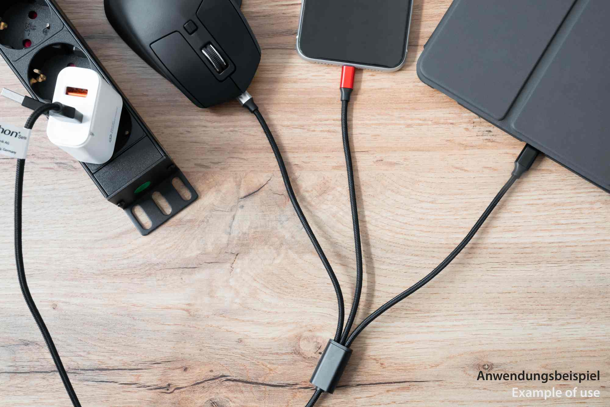 USB 6-in-1 Ladekabel, USB-A und USB-C™ an USB-C™ / USB Micro B / Lightning™, 3A, Textilmantel, schwarz, 1,2m, PYTHON® Series