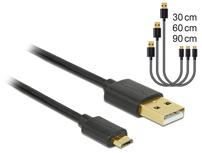 Daten- und Schnellladekabel USB 2.0 Typ-A Stecker an USB 2.0 Typ Micro-B Stecker, schwarz, 3er Set (0,3m + 0,6m + 0,9m), Delock® [83680]