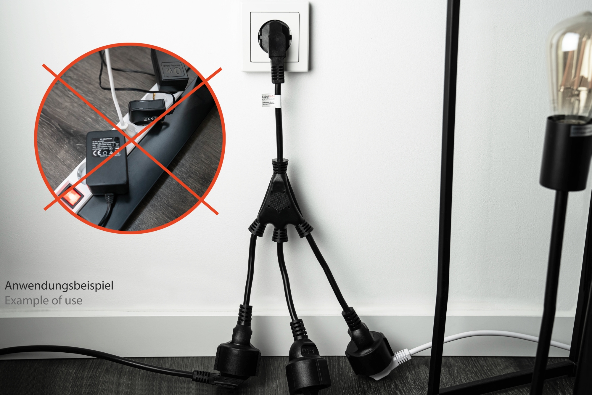 kabelmeister® W-Netzkabel Schutzkontakt-Stecker Typ E+F (CEE 7/7, gewinkelt) an 3x Buchse, schwarz, 0,2m