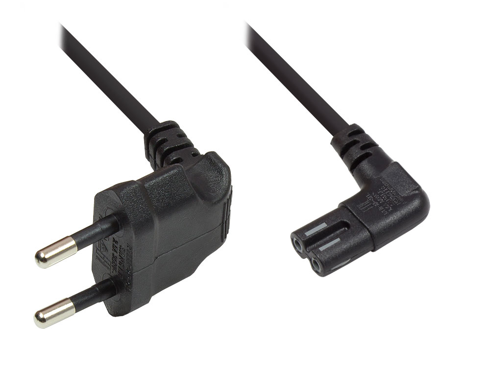 Euro-Netzkabel, Netzstecker an Euro 8 Buchse, beidseitig 90° abgewinkelt, schwarz, 0,75m, Good Connections®