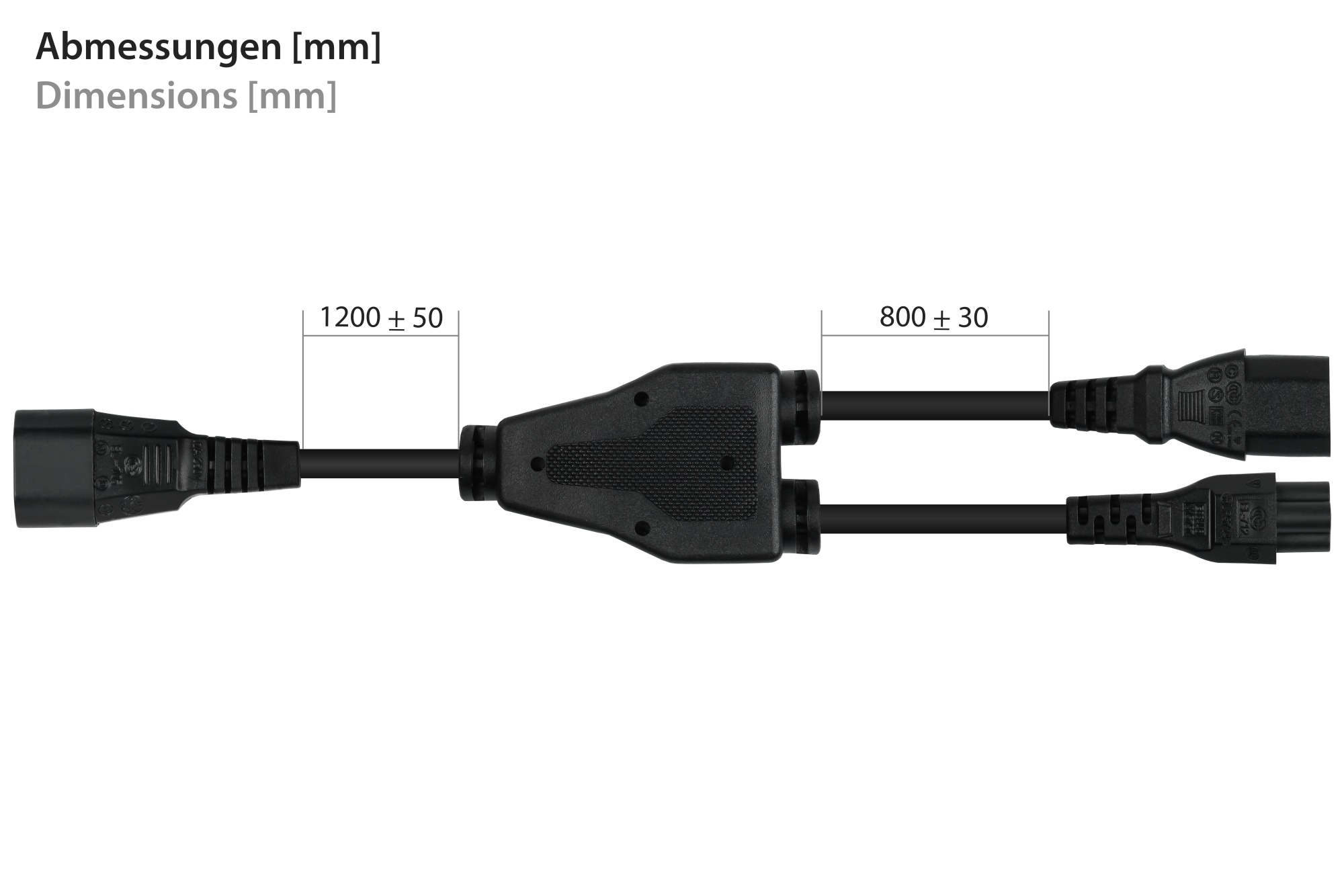 kabelmeister® Y-Kaltgeräteverlängerung Kaltgeräte-Stecker C14 an 2x Kaltgeräte-Buchse C13, schwarz, 2m