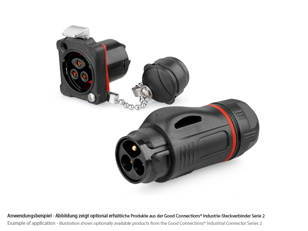 Industrie-Steckverbinder S2 - Power (3-Pin) Durchführungskupplung mit Arretierung und Flansch, Schraubanschluss, M24, IP67, Good Connections®