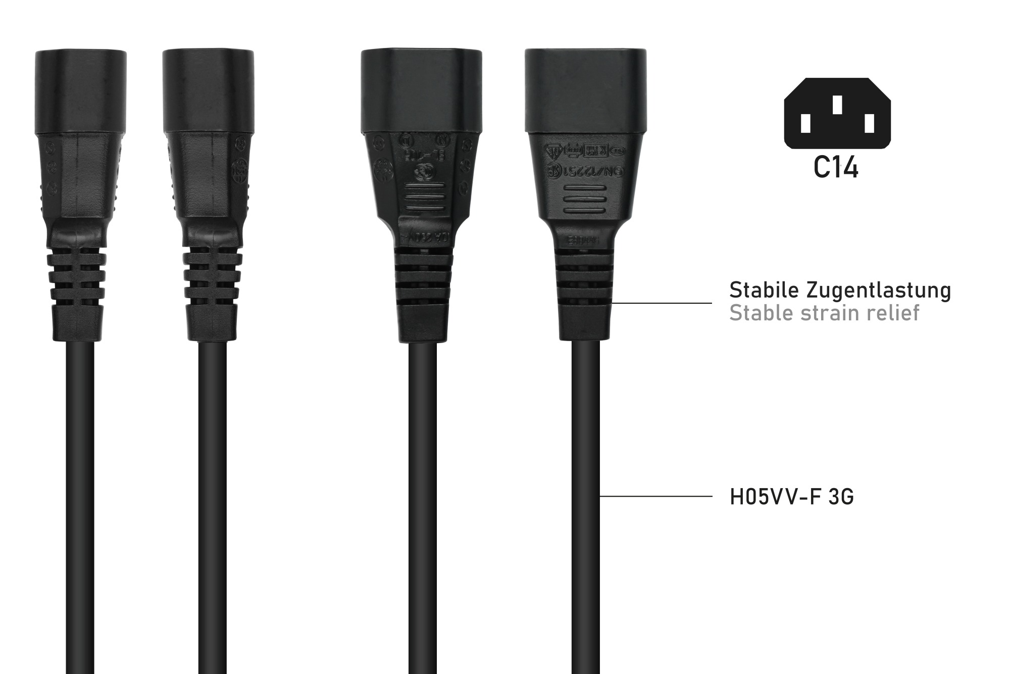 kabelmeister® Y-Kaltgeräteverlängerung Kaltgeräte-Stecker C14 an 2x Kaltgeräte-Buchse C13, schwarz, 0,3m