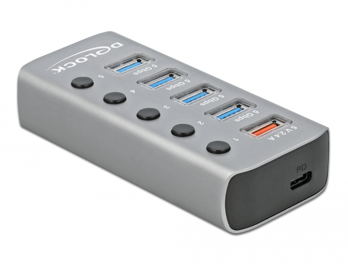 USB 3.2 Gen 1 Hub mit 4 Ports + 1 Schnellladeport + 1 USB-C™ PD 3.0 Port mit Schalter und Beleuchtung, Delock® [63263]