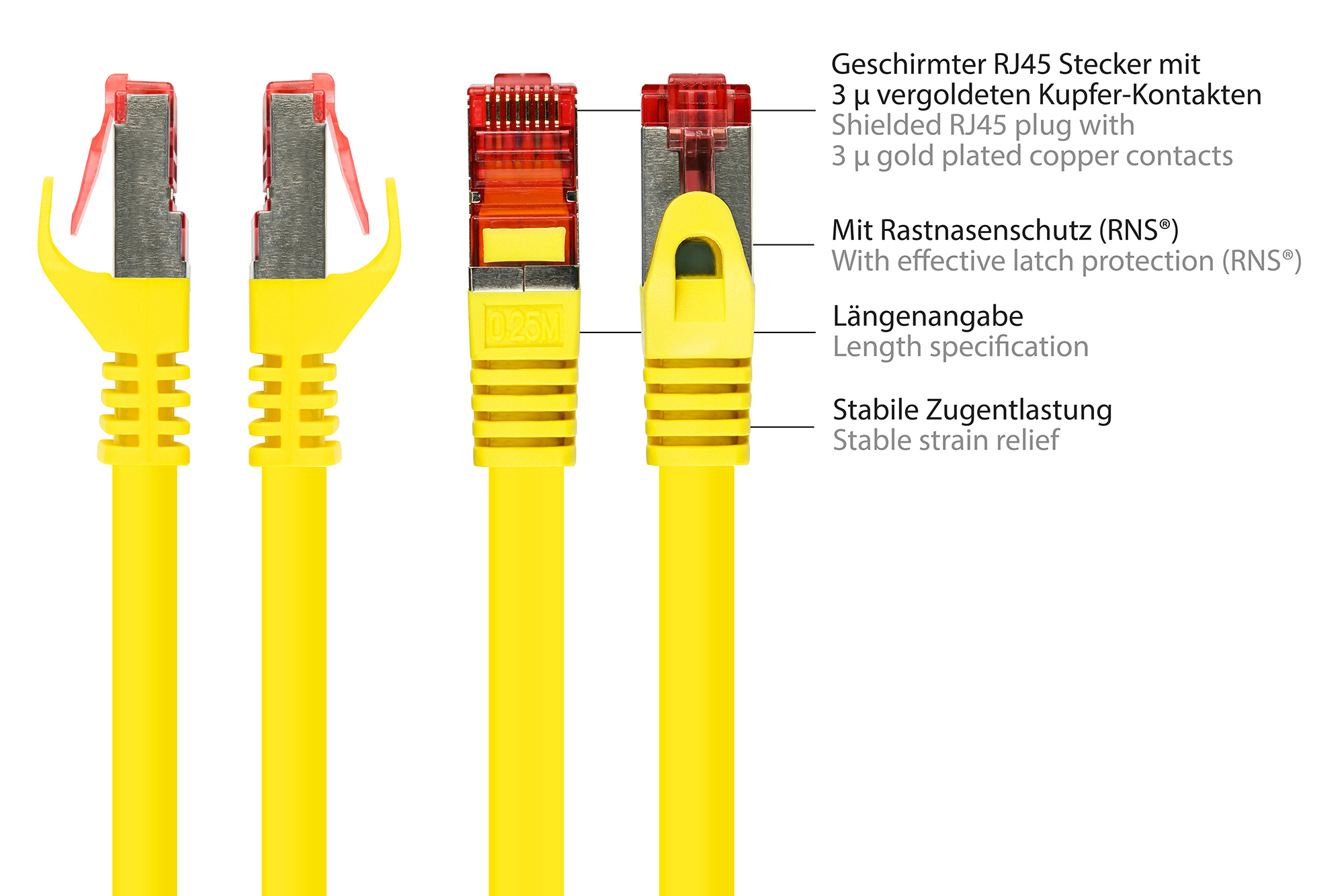 RNS® Patchkabel mit Rastnasenschutz, Cat. 6, S/FTP, PiMF, PVC, 250MHz, gelb, 25m, Good Connections®