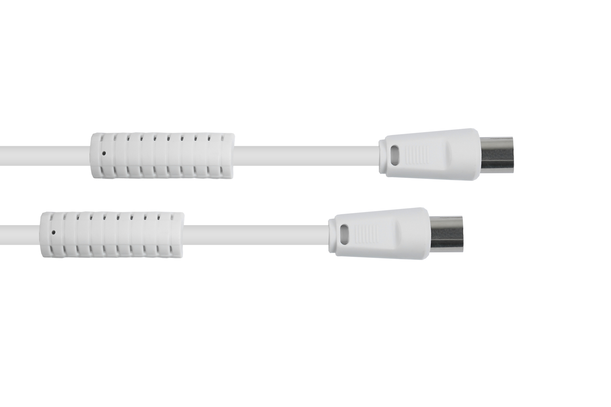 TV Antennenkabel, Koax Stecker an Koax Buchse (vernickelt), 2x Ferritkern, 2x geschirmt, Class A, 95 dB, 75 Ohm, CCS, weiß, 2m, Good Connections®