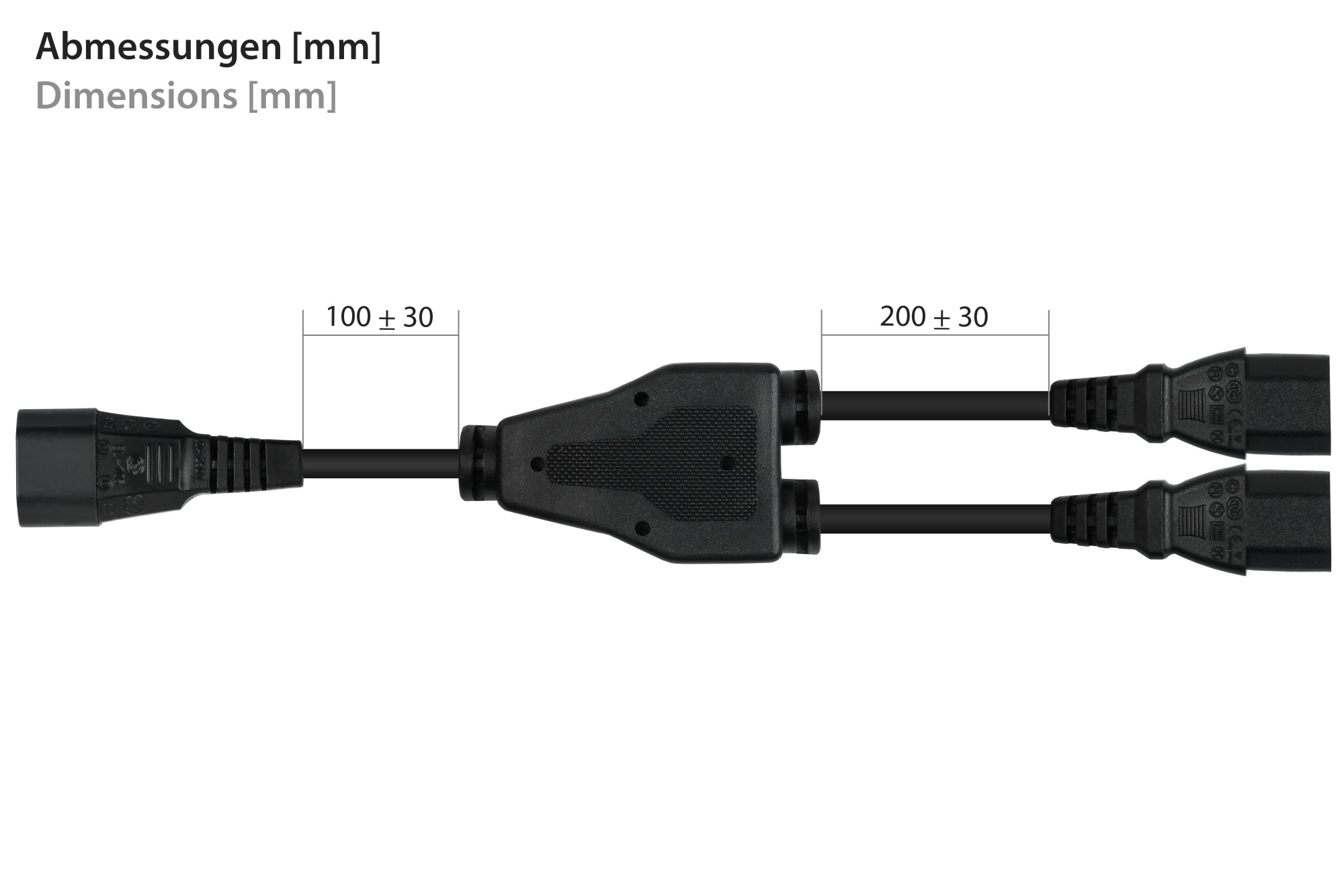 kabelmeister® Y-Kaltgeräteverlängerung Kaltgeräte-Stecker C14 an 2x Kaltgeräte-Buchse C13, schwarz, 0,3m