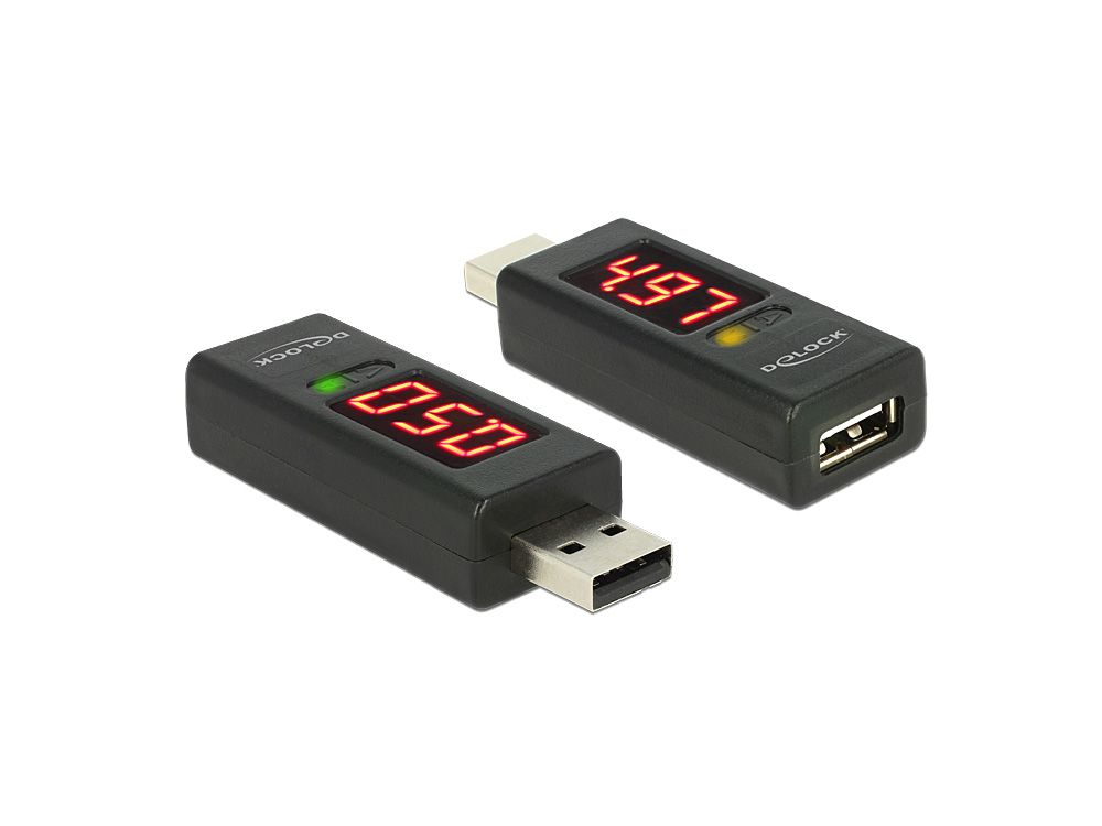 Adapter USB 2.0 A Stecker an A Buchse mit LED Anzeige für Volt und Ampere, Delock® [65569]