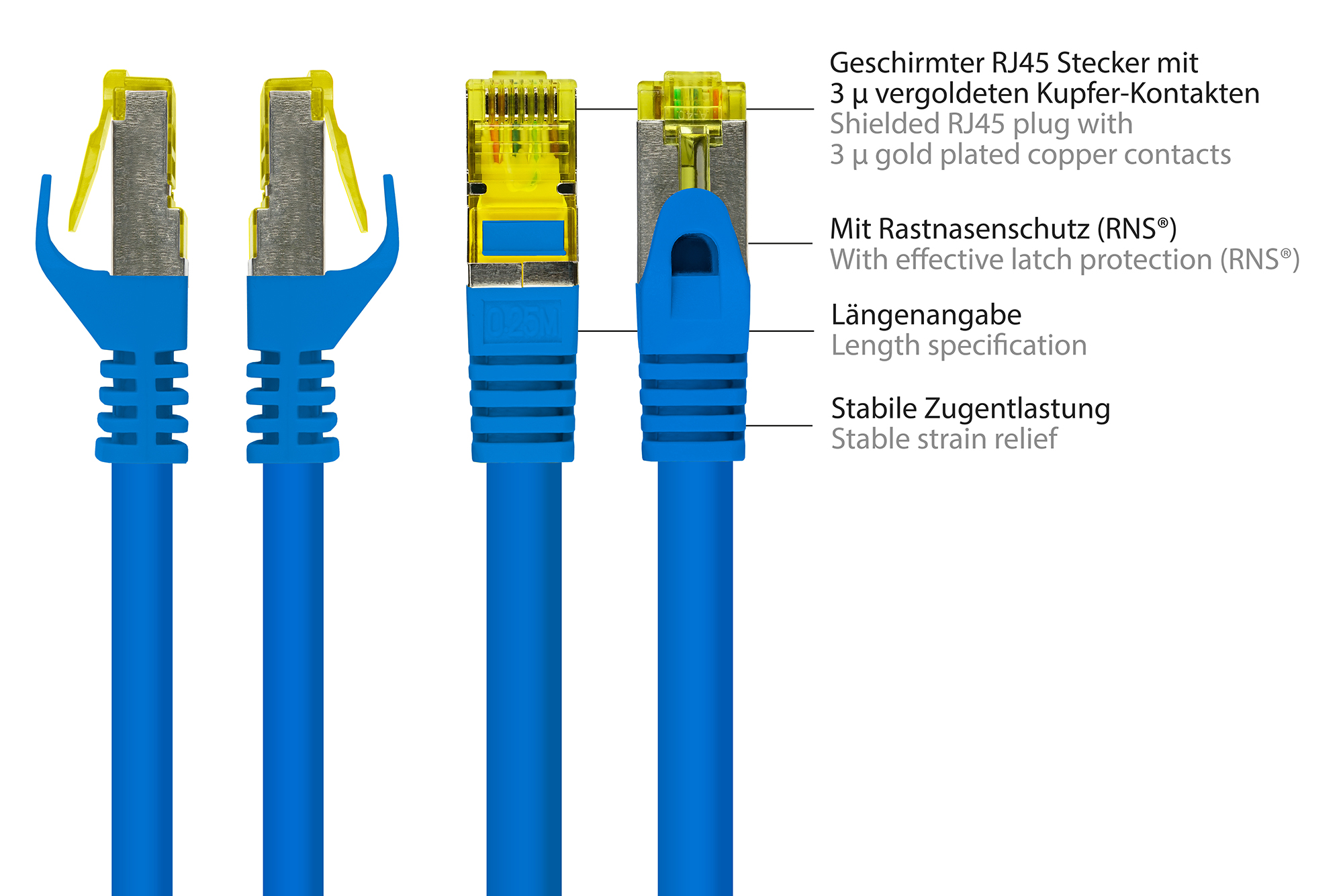 RJ45 Patchkabel mit Cat. 7 Rohkabel und Rastnasenschutz (RNS®), S/FTP, PiMF, halogenfrei, 500MHz, OFC, blau, 1m, Good Connections®