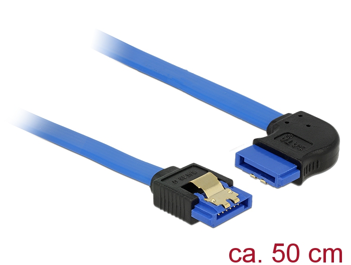 Kabel SATA 6 Gb/s Buchse gerade an SATA Buchse rechts gewinkelt, mit Goldclips, blau, 0,5m, Delock® [84991]