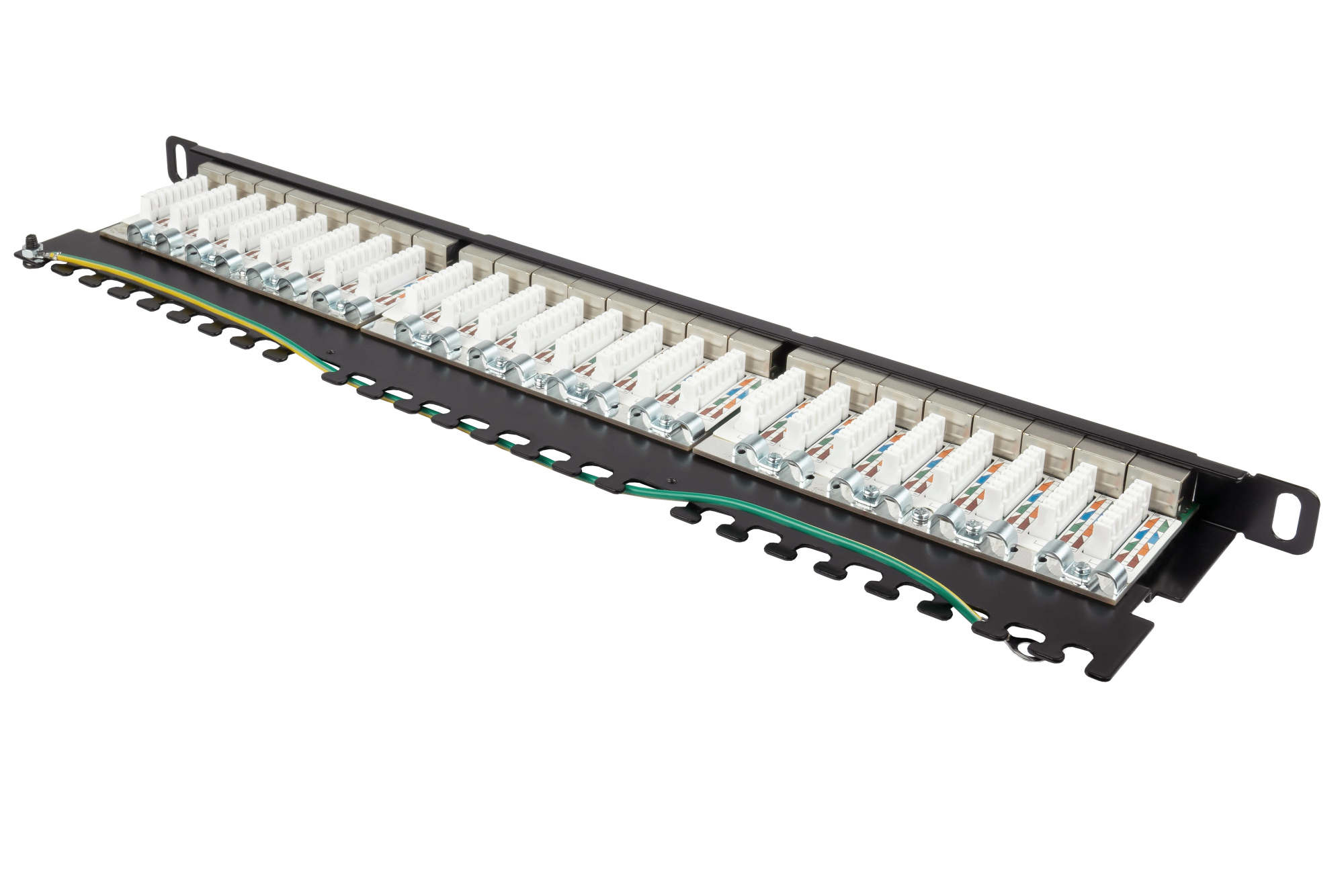 Patchpanel 19" Cat. 6A, 24-Port, 0,5 HE, STP geschirmt, werkzeugloses Öffnen, Tiefschwarz (RAL9005), Good Connections®