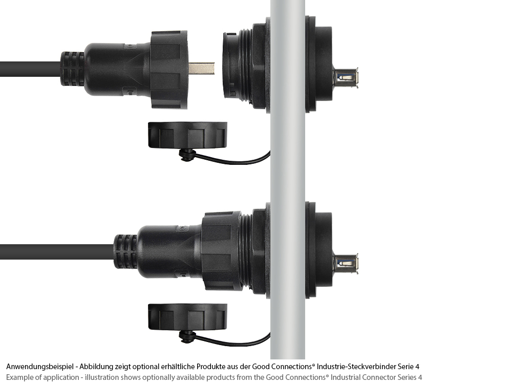 Industrie-Steckverbinder S4 - USB 3.0 Durchführungskupplung, Buchse A beidseitig, einseitig mit Deckel, Bajonett, IP67, schwarz, Good Connections®