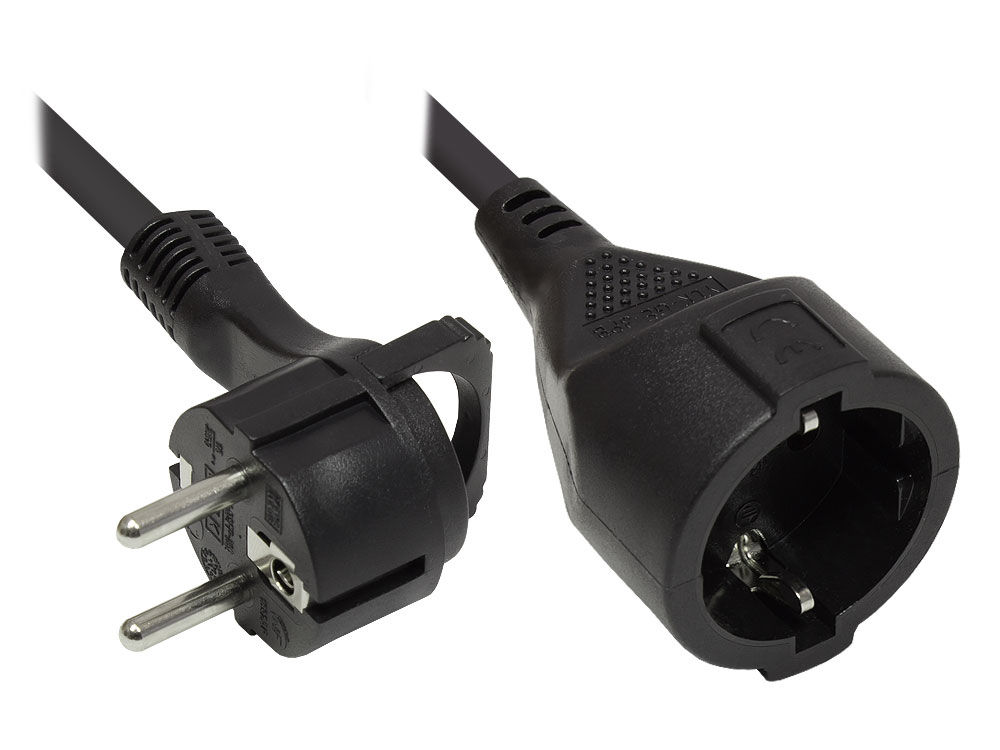 Verlängerung Schutzkontakt-Flachstecker Typ E+F (CEE 7/7, gewinkelt) an Buchse Typ F (CEE 7/3, gerade), schwarz, 1,50 mm², 5 m, Good Connections®