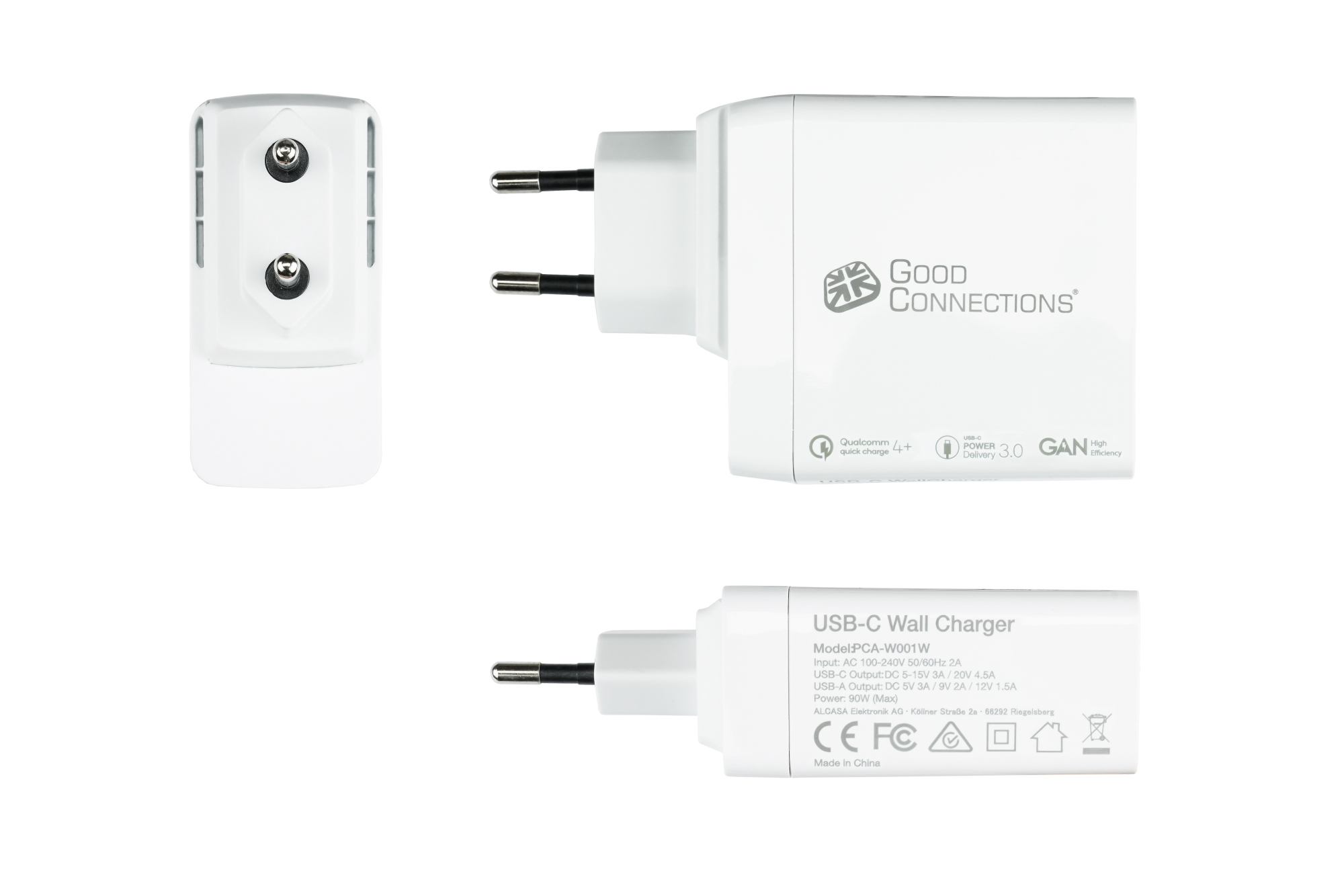 USB-Schnellladegerät 100W mit GaN-Technologie, 3-Port (2x USB-C™ und 1x USB-A), PD 3.0, QC 4+, weiß, Good Connections®