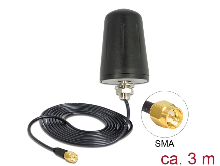 WLAN 802.11 b/g/n Antenne SMA Stecker, 3dBi, omnidirektional, Anschlusskabel (RG-174, 3m), Dachmontage outdoor, schwarz, Delock® [89534]