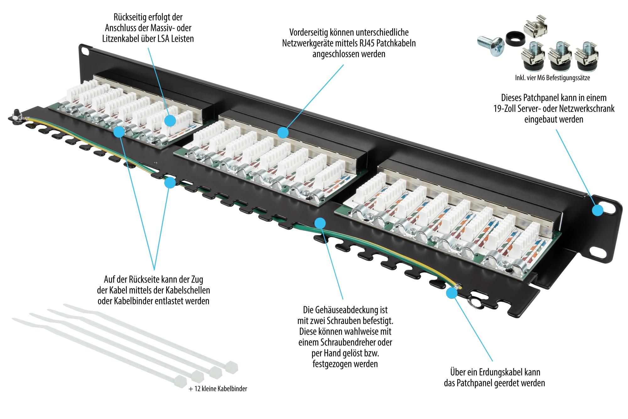 Patchpanel 19" Cat. 6, 24-Port, 1 HE, STP geschirmt, werkzeugloses Öffnen, Tiefschwarz (RAL9005), Good Connections®