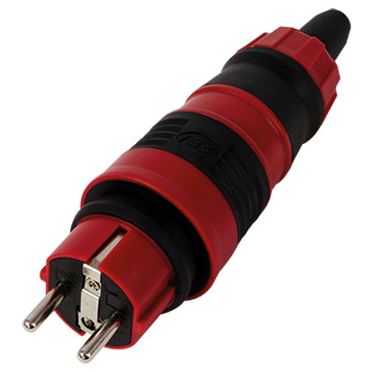 Profi Schutzkontakt-Stecker, spritzwassergeschützt (IP44), Polycarbonat-Gummi-Gehäuse, rot-schwarz