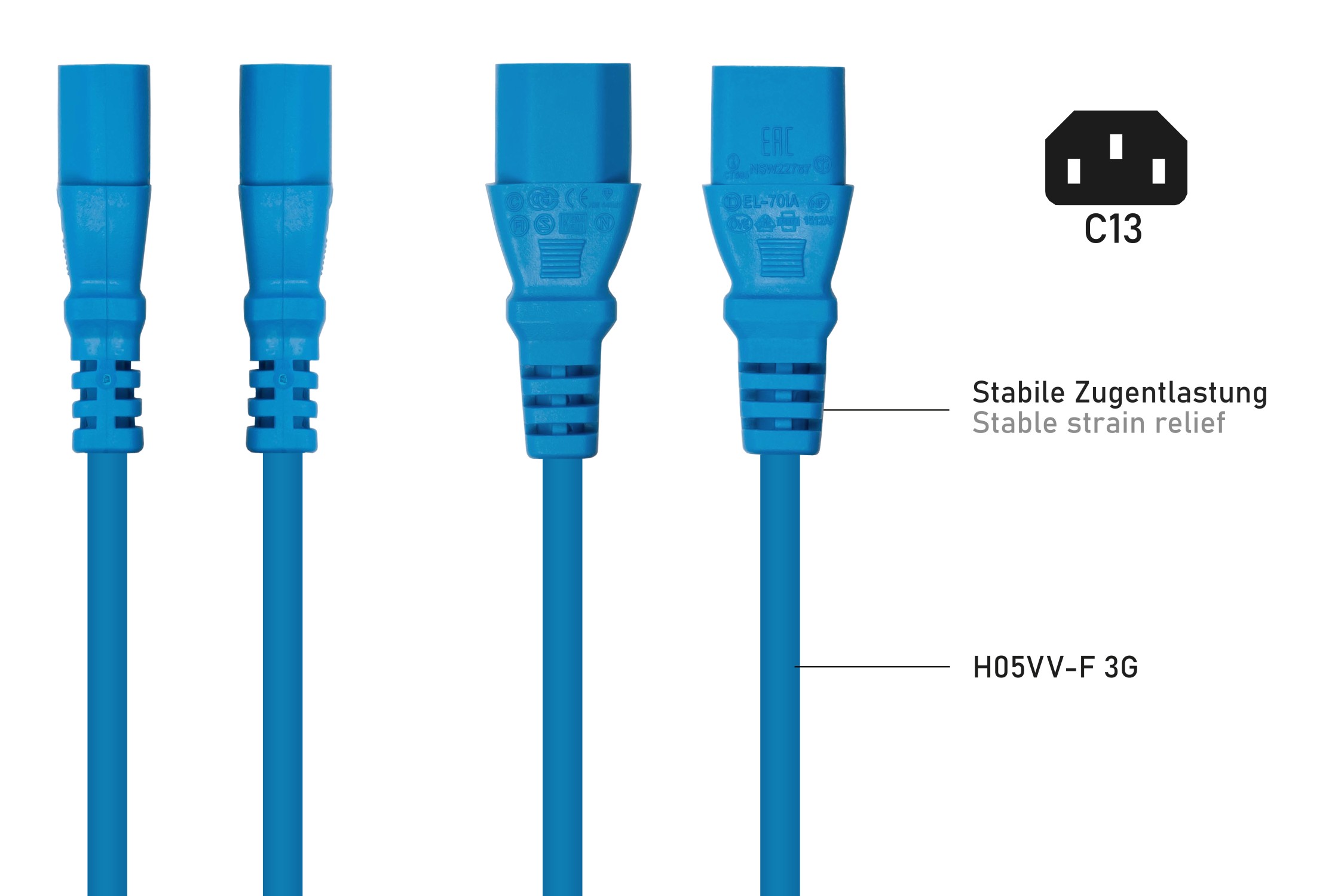 kabelmeister® Netzkabel Schutzkontakt-Stecker Typ E+F (90° gew.) an Kaltgeräte-Buchse C13, blau, 1,00mm², 3m