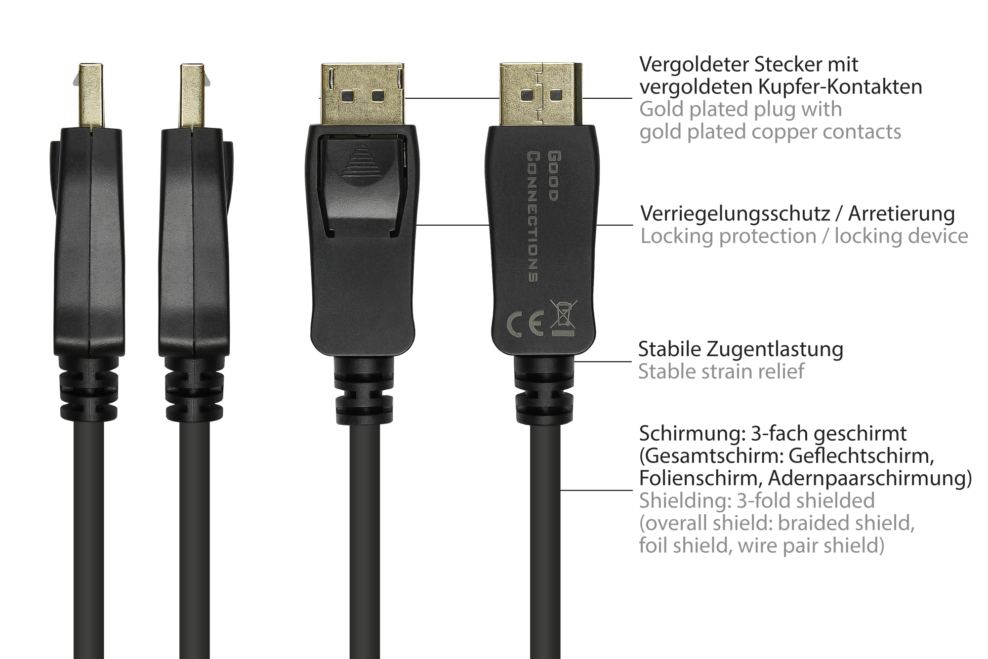 Anschlusskabel DisplayPort 1.2 an HDMI 1.4b, 4K @30Hz, vergoldete Kontakte, CU, schwarz, 2m, Good Connections®