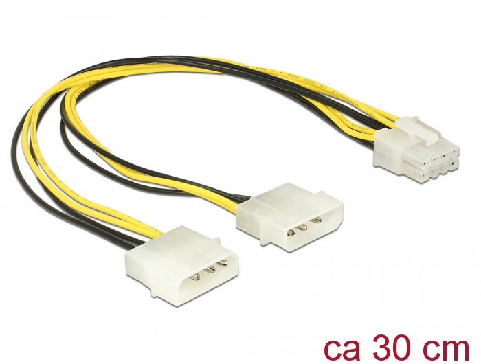 Stromkabel 2x 4 Pin Molex Stecker an 8 Pin EPS Stecker, 0,3 m, Delock® [85453]
