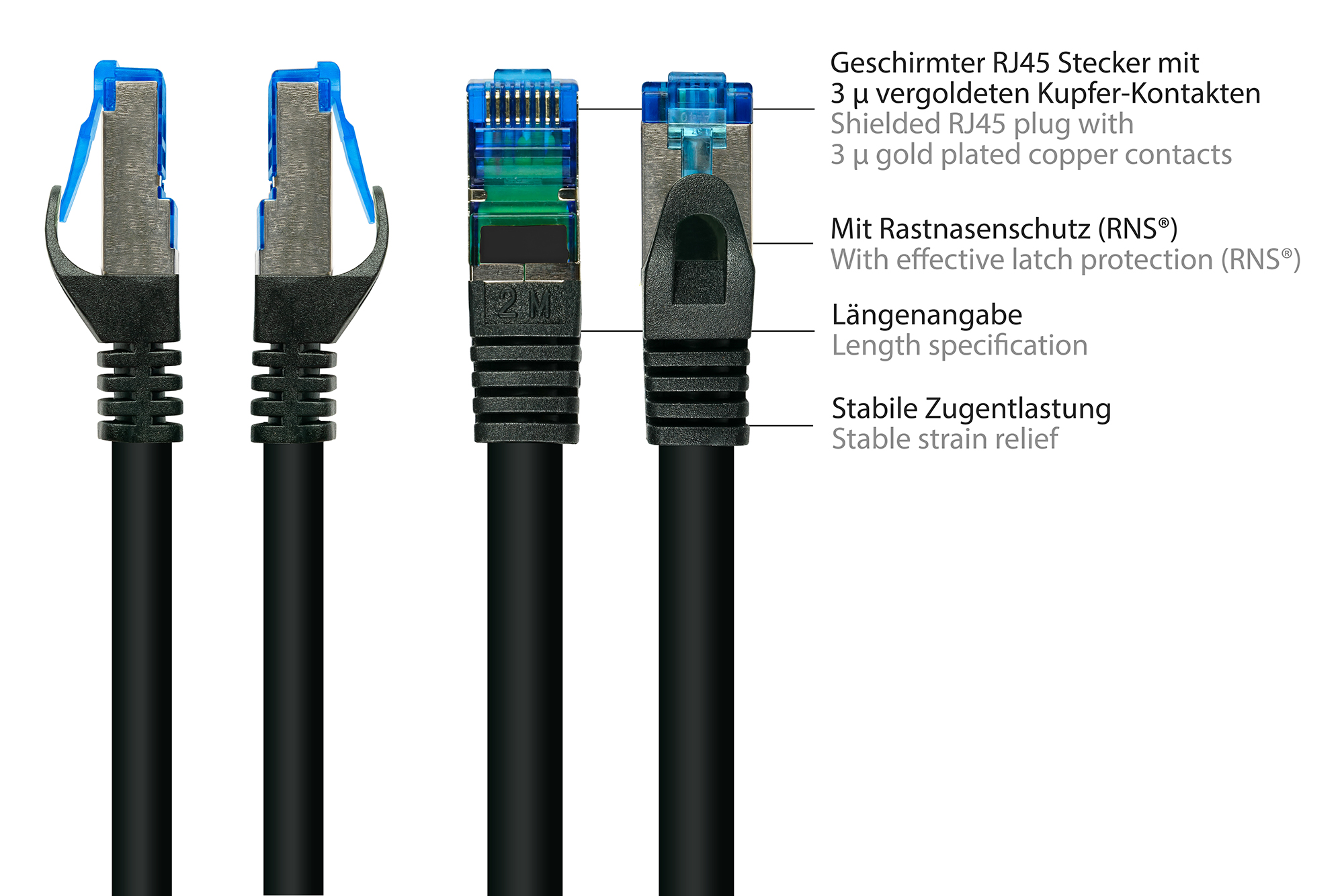 RNS® Patchkabel mit Rastnasenschutz, Cat. 6A, S/FTP, PiMF, halogenfrei, 500MHz, schwarz, 20m, Good Connections®