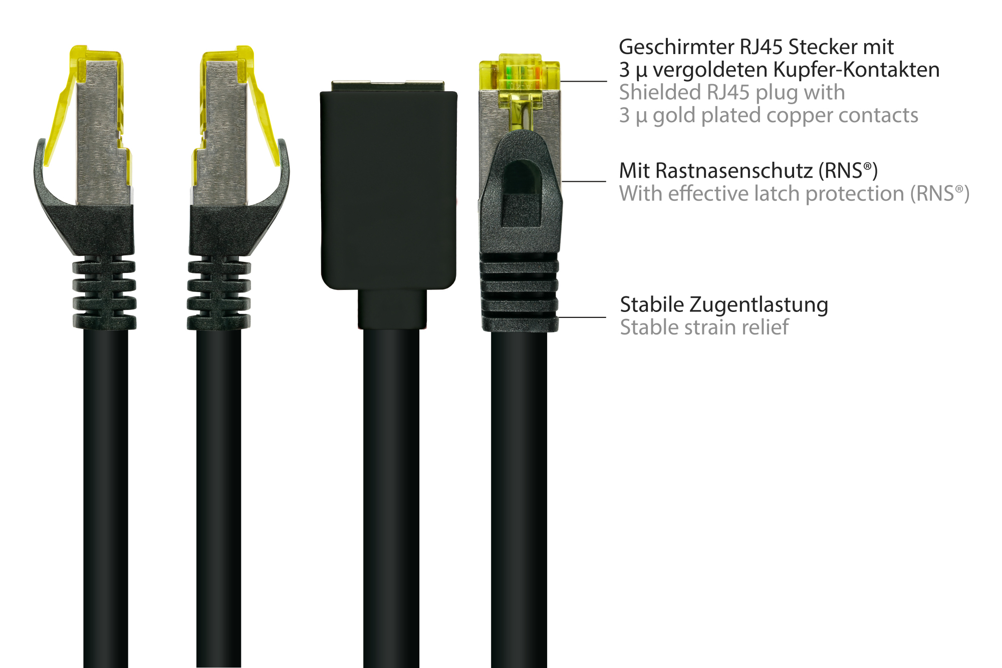 RJ45 Patchkabelverlängerung mit Cat. 7 Rohkabel und Rastnasenschutz (RNS®), S/FTP, PiMF, halogenfrei, 500MHz, OFC, schwarz, 1m, Good Connections®