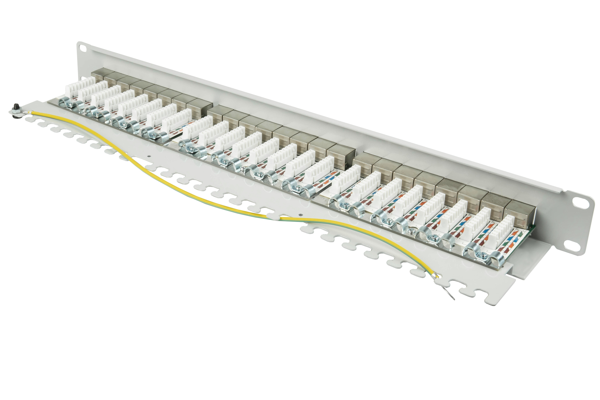 Patchpanel 19" Cat. 6A, 24-Port, 1 HE, STP geschirmt, werkzeugloses Öffnen, Lichtgrau (RAL7035), Good Connections®