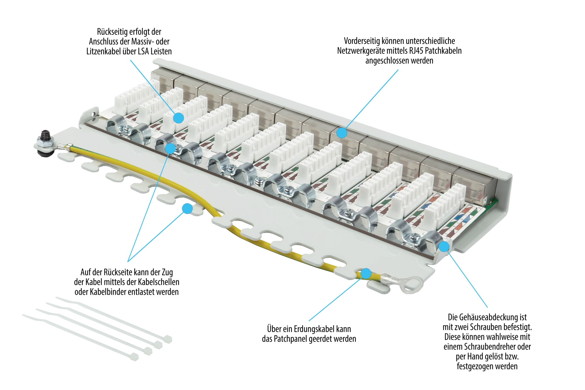 Patchpanel Desktop Cat. 6A, 12-Port, 0,5 HE, STP geschirmt, werkzeugloses Öffnen, Lichtgrau (RAL7035), Good Connections®