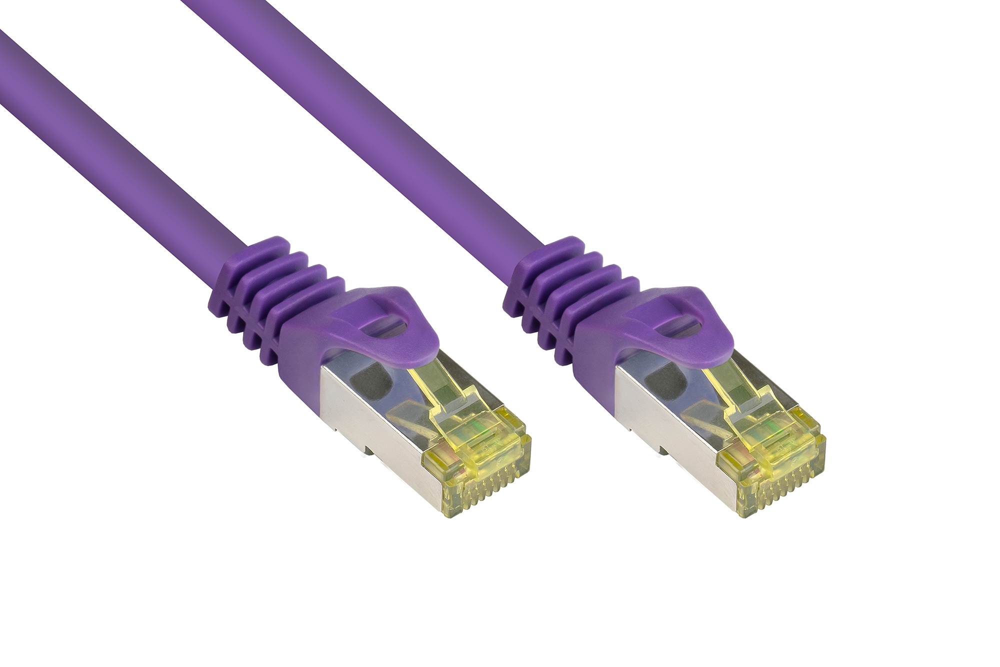 RJ45 Patchkabel mit Cat. 7 Rohkabel und Rastnasenschutz (RNS®), S/FTP, PiMF, halogenfrei, 500MHz, OFC, violett, 0,5m, Good Connections®