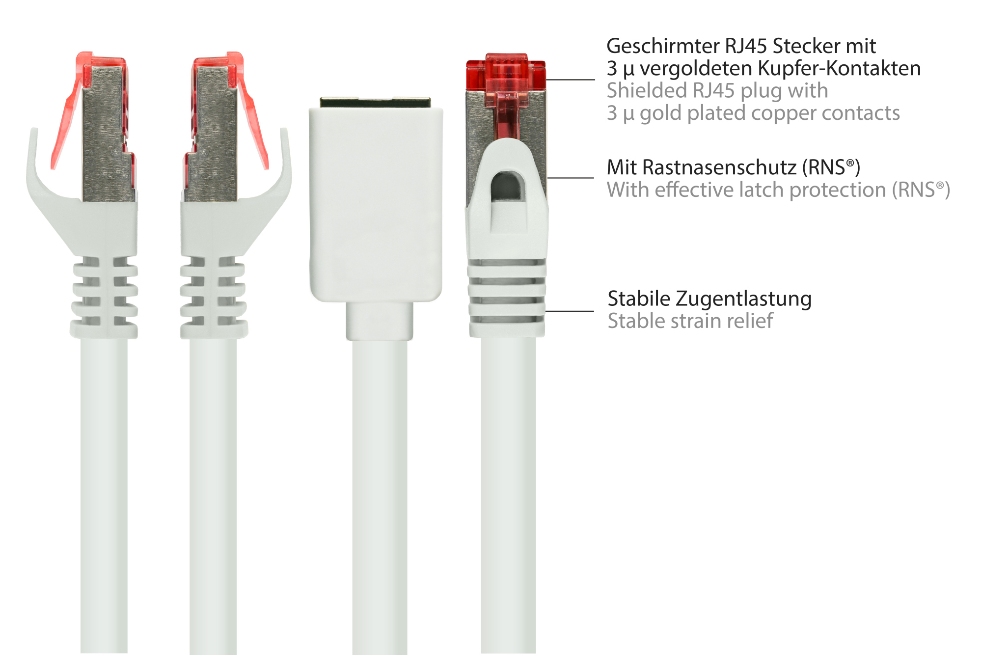 RNS® Patchkabelverlängerung mit Rastnasenschutz, Cat. 6, S/FTP, PiMF, PVC, 250MHz, OFC, CU, weiß, 5m, Good Connections®