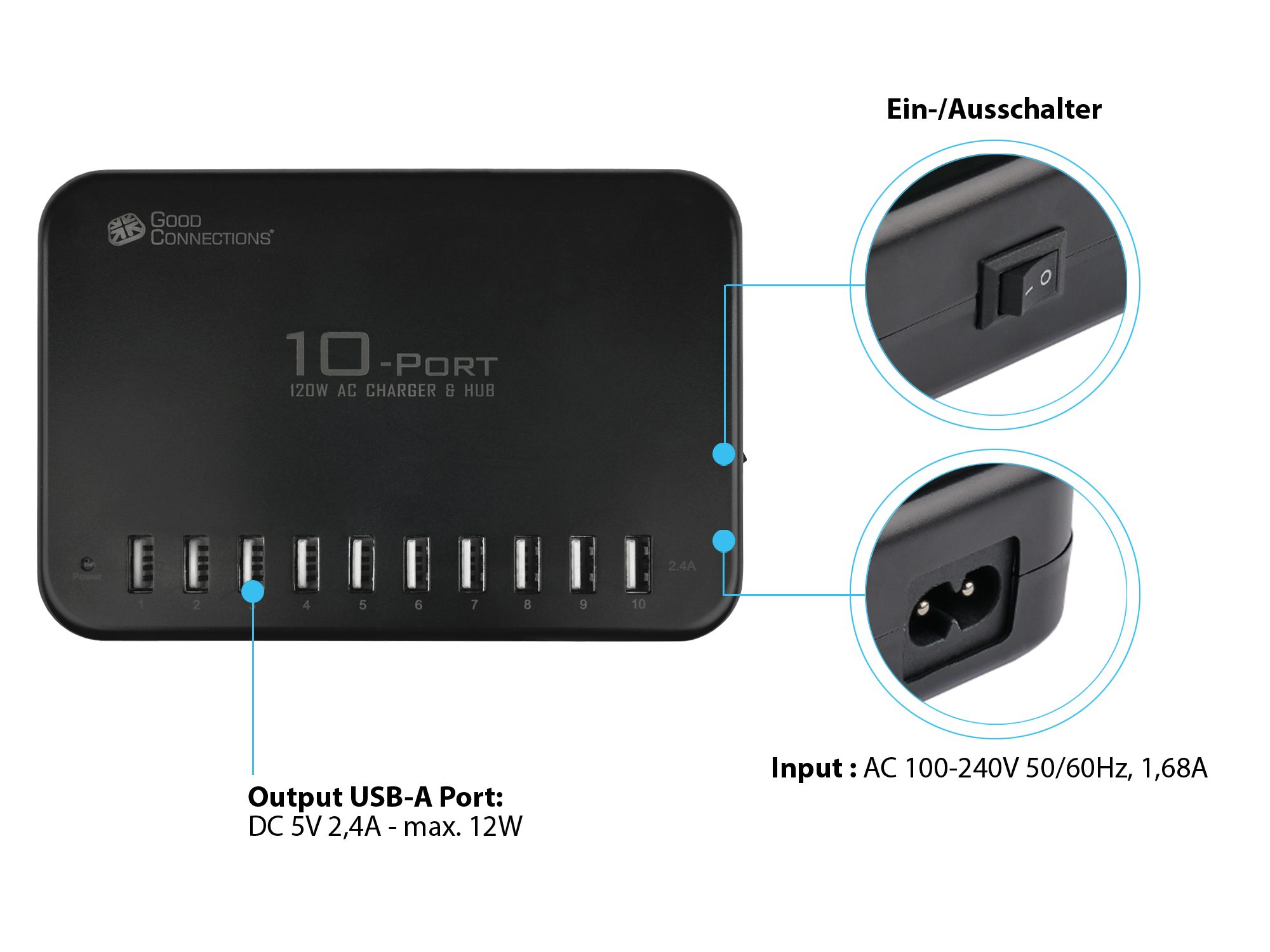 USB-Desktop-Schnellladestation 120W, 10-Port (10x USB-A), schwarz, Good Connections®