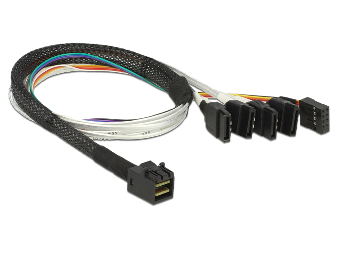 Kabel mini SAS HD SFF-8643 an 4 x SATA 7 Pin + Sideband 0,5 m Metall, Delock® [83315]