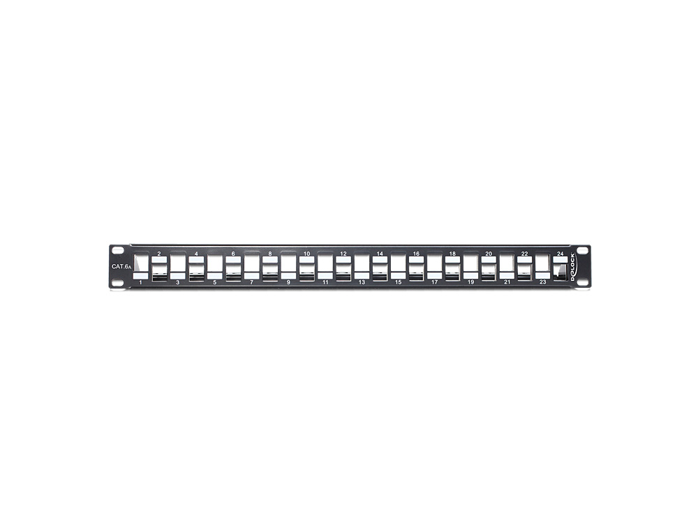 Patchpanel Keystone, 19" 1HE, 24-Port abgestuft mit Entlastungschiene, schwarz, Delock® [43278]