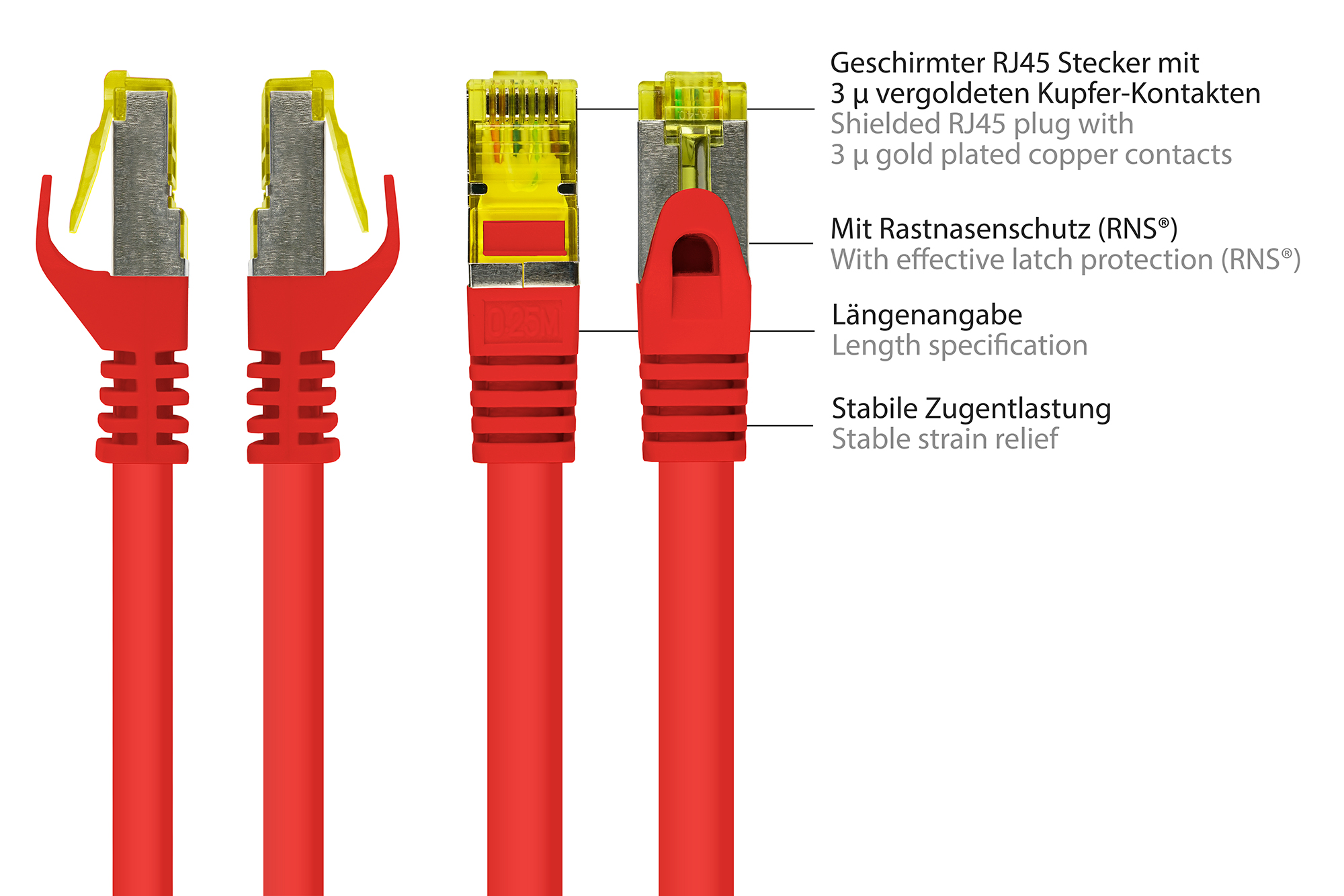 RJ45 Patchkabel mit Cat. 7 Rohkabel und Rastnasenschutz (RNS®), S/FTP, PiMF, halogenfrei, 500MHz, OFC, rot, 15m, Good Connections®