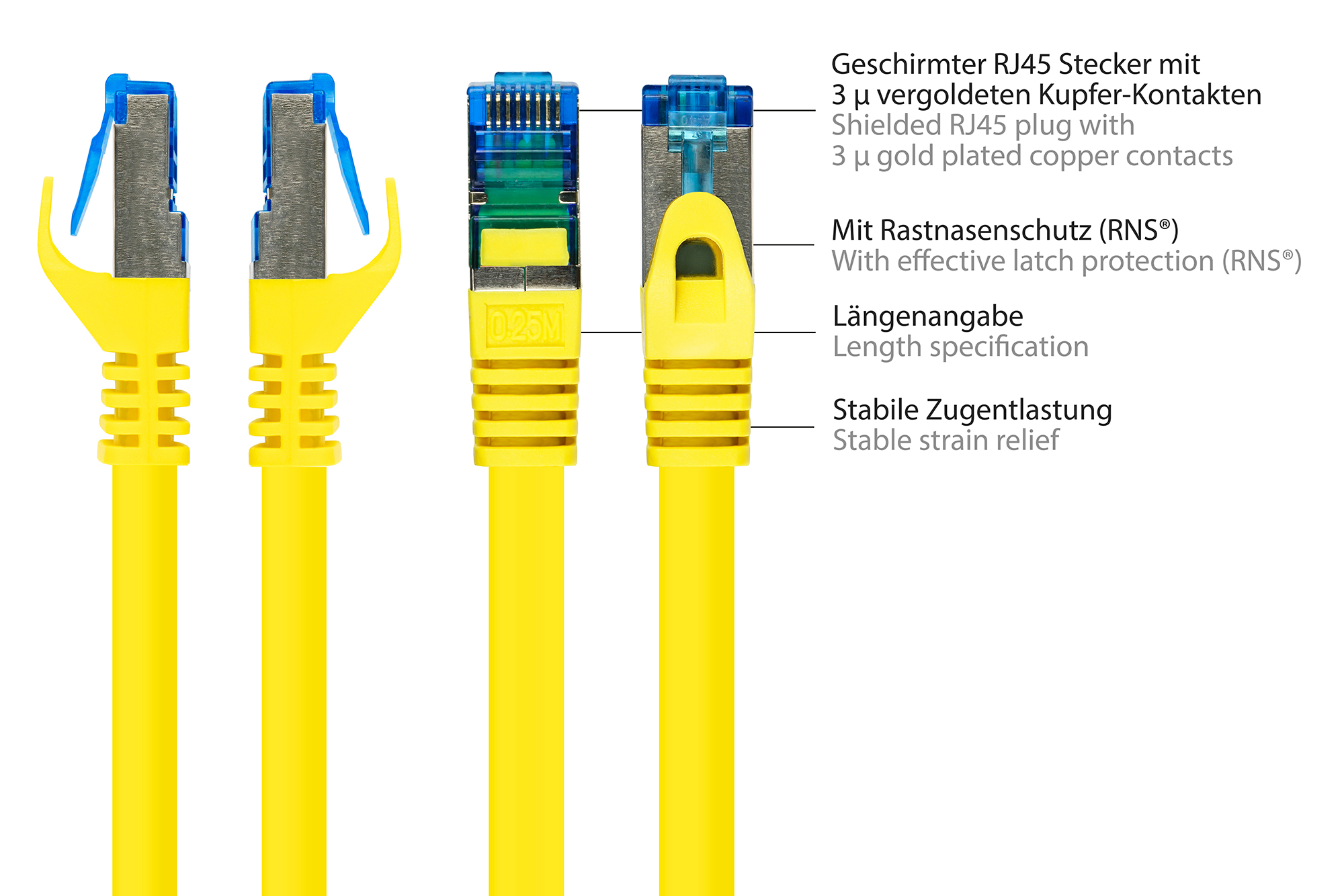 RNS® Patchkabel mit Rastnasenschutz, Cat. 6A, S/FTP, PiMF, halogenfrei, 500MHz, gelb, 0,25m, Good Connections®