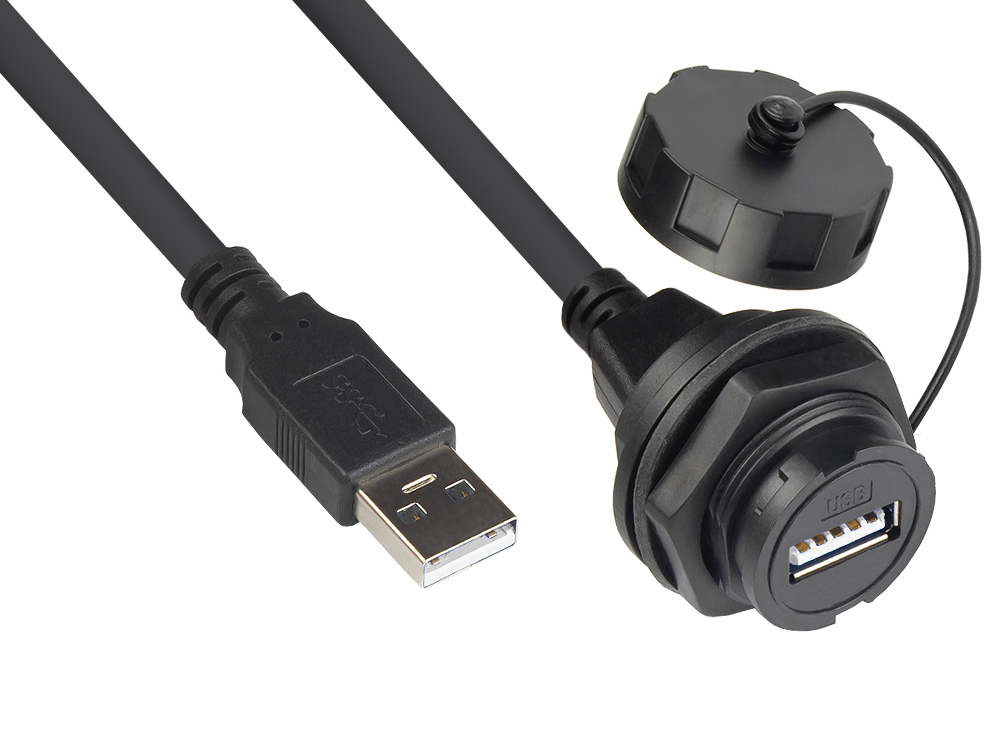 Industrie-Steckverbinder S4 - USB 2.0 Kabel, Stecker A an Einbaubuchse A mit Kabelverschraubung, Bajonett, IP67, schwarz, 1m, Good Connections®