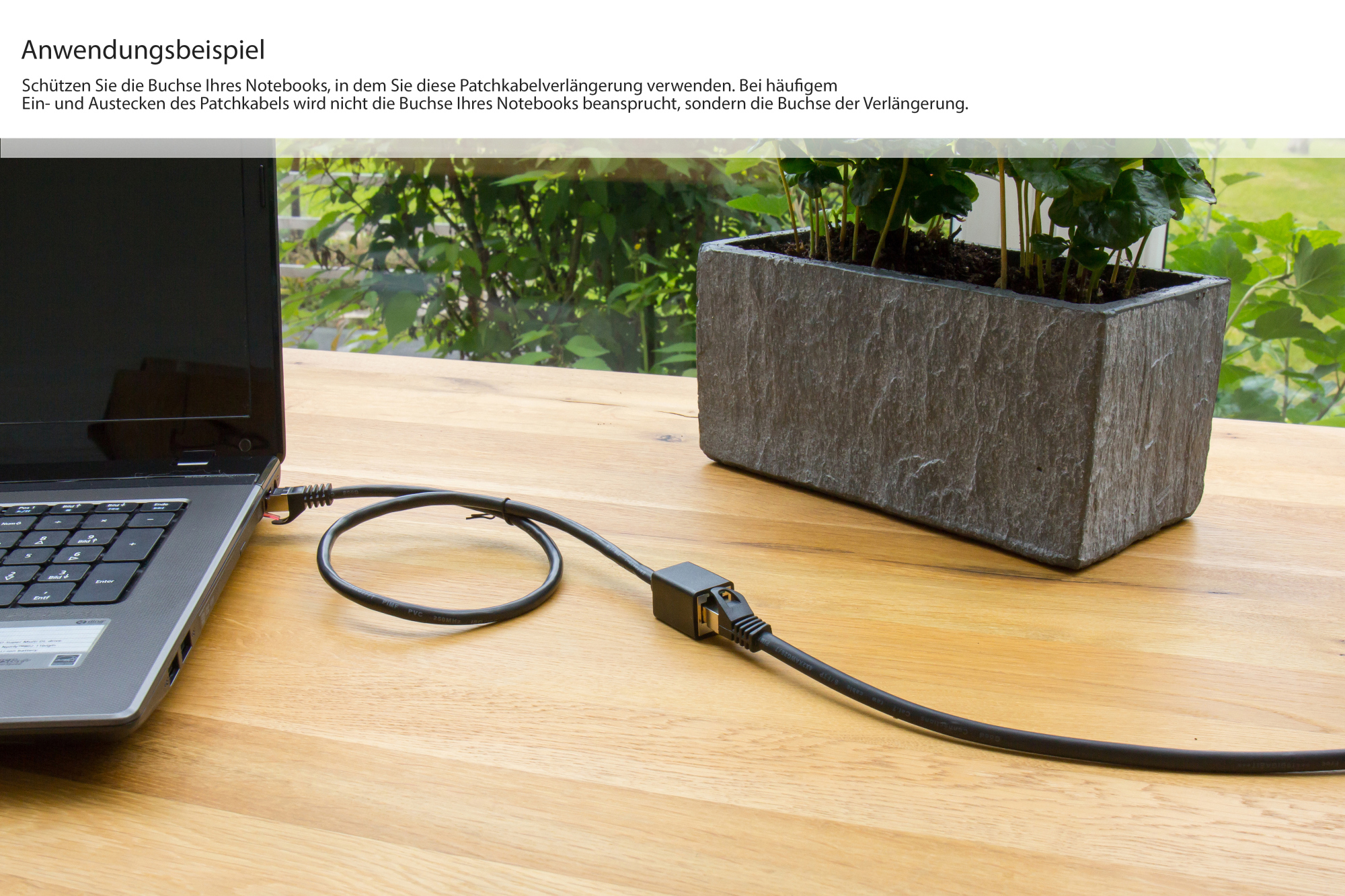 RNS® Patchkabelverlängerung mit Rastnasenschutz, Cat. 6, S/FTP, PiMF, PVC, 250MHz, OFC, CU, schwarz, 0,5m, Good Connections®