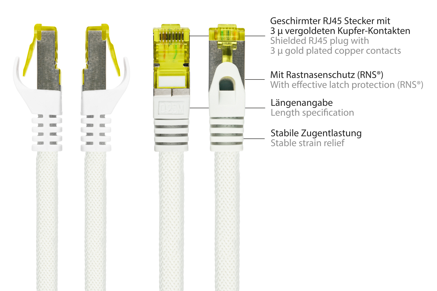 Python® Series RJ45 Patchkabel mit Cat. 7 Rohkabel, Rastnasenschutz (RNS®) und Nylongeflecht, S/FTP, PiMF, halogenfrei, 500MHz, OFC, weiß, 5m